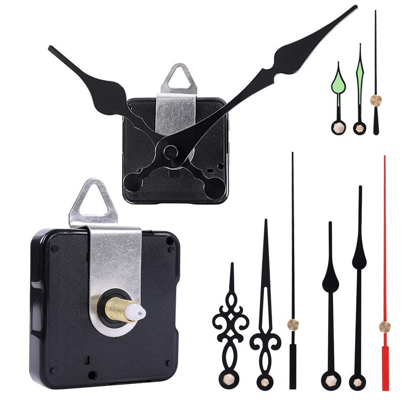 EMOON 2 Pack Non Ticking Clock Mechanism with 4 Pack Clock Hands, Clock Movement Motor Kit for Clock Repair, Replacement and Custom Clock (Total Shaft Length 7/8 in) - Image 1